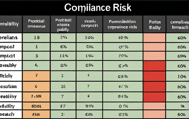 **Compliance Risk Matrix:** A visual representation of a risk matrix with axes labeled "Probability of Occurrence" and "Potential Impact." The matrix displays various compliance risks (e.g., data breach, corruption) plotted according to their severity, using different colors to indicate risk levels (high, medium, low). The style is clean and professional, suitable for a business presentation.