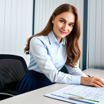 **

"A professional female accountant in a modest business blouse and skirt, working at her desk in a brightly lit Moscow office, fully clothed, appropriate attire, safe for work, perfect anatomy, natural proportions, professional photography, high quality, family-friendly."

**