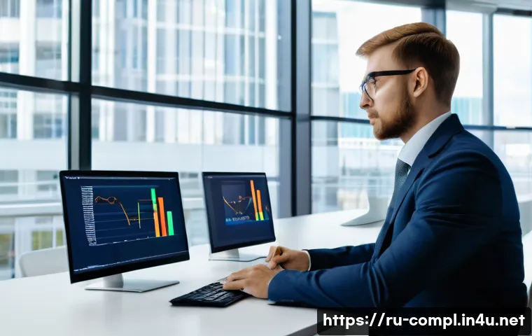 규제준수 전문가의 커리어 발전 방향 - A professional compliance specialist in a modern office environment, working on multiple computer sc...