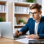 규제준수 자격시험 준비의 중요 포인트 - A focused young Russian professional studying for a regulatory exam in a neat, well-organized home o...