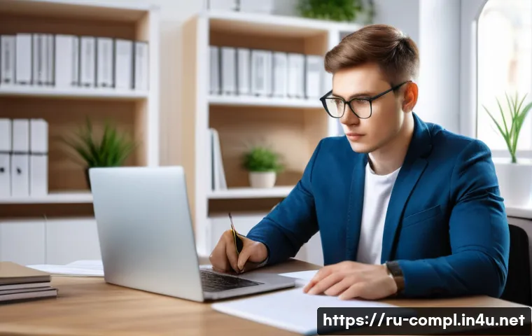 규제준수 자격시험 준비의 중요 포인트 - A focused young Russian professional studying for a regulatory exam in a neat, well-organized home o...