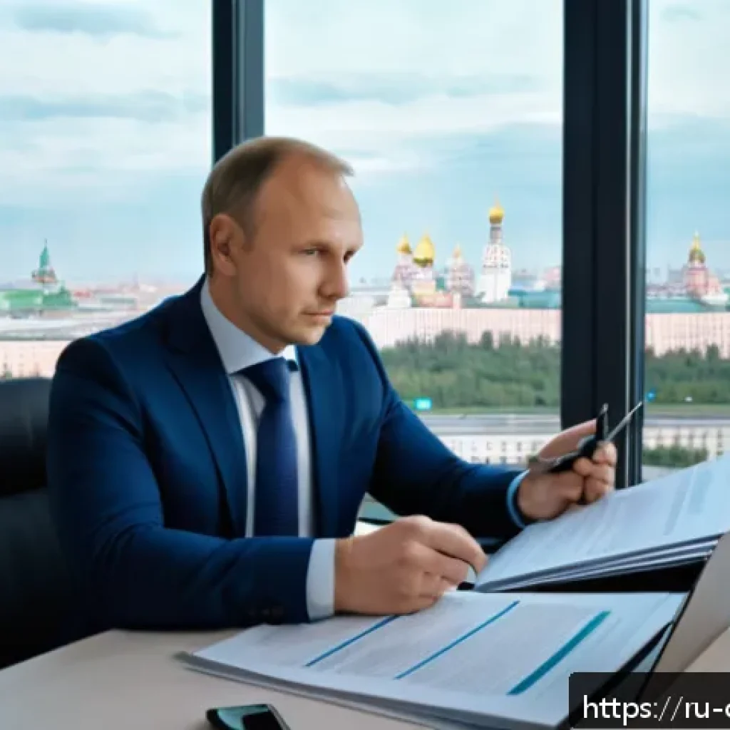 규제준수 전문가의 취업 준비 가이드 - A professional compliance expert in a modern Russian office environment, sitting at a sleek desk cov...