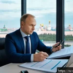 규제준수 전문가의 취업 준비 가이드 - A professional compliance expert in a modern Russian office environment, sitting at a sleek desk cov...