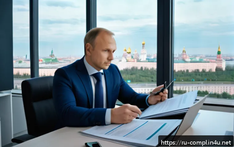 규제준수 전문가의 취업 준비 가이드 - A professional compliance expert in a modern Russian office environment, sitting at a sleek desk cov...