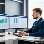 규제준수 전문가의 업무 우선순위 - A professional compliance officer in a modern Russian office environment, attentively analyzing regu...