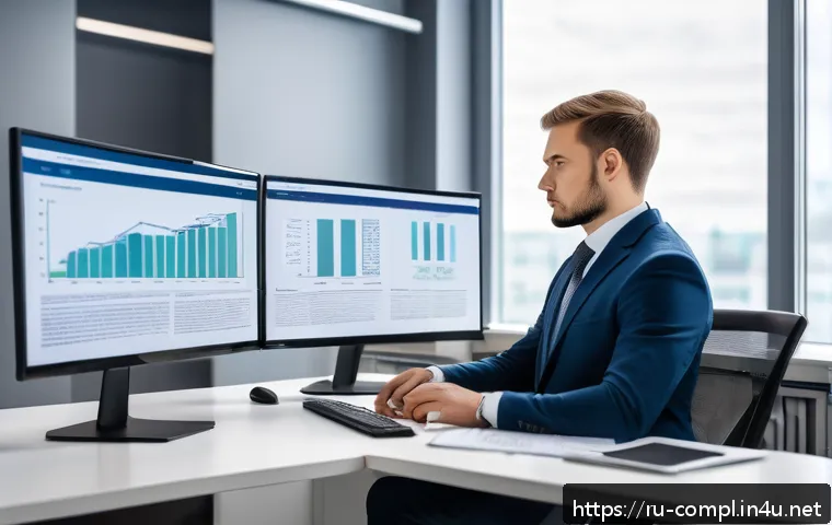 규제준수 전문가의 업무 우선순위 - A professional compliance officer in a modern Russian office environment, attentively analyzing regu...