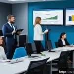 Home 19 규제준수 전문가의 업무 역량 강화 과정 - A professional office environment featuring a diverse group of compliance specialists engaged in a t...