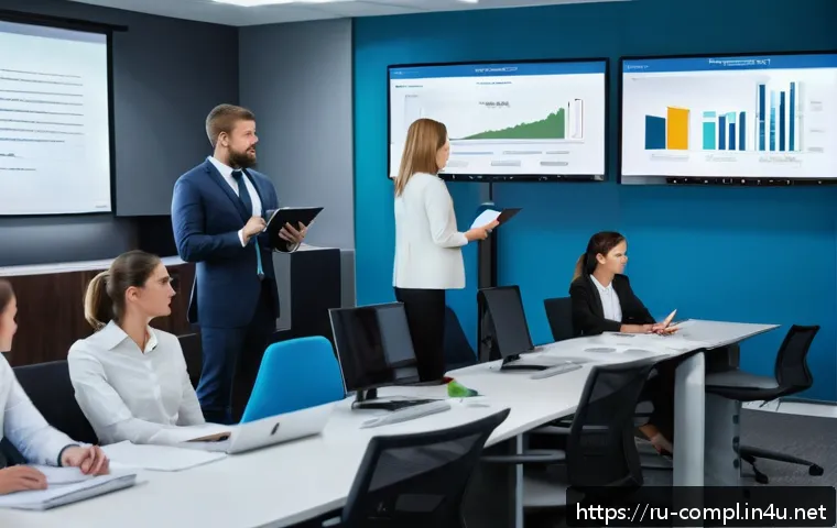 규제준수 전문가의 업무 역량 강화 과정 - A professional office environment featuring a diverse group of compliance specialists engaged in a t...