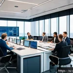 Home 18 규제준수 자격 취득 과정에서의 어려움 - A professional office scene showing a diverse group of businesspeople carefully analyzing complex re...