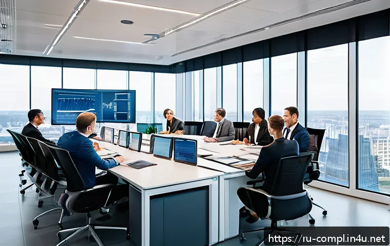 규제준수 자격 취득 과정에서의 어려움 - A professional office scene showing a diverse group of businesspeople carefully analyzing complex re...