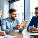 Home 23 규제준수 자격 취득 후의 업무 환경 변화 - A professional office environment with diverse Russian colleagues collaborating around a conference ...