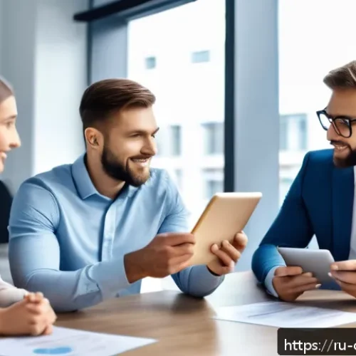 Home 17 규제준수 자격 취득 후의 업무 환경 변화 - A professional office environment with diverse Russian colleagues collaborating around a conference ...