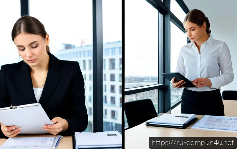 규제준수 이론과 실무 차이 - Photorealistic compliance theory versus workplace practice concept, split-screen office scene: left ...