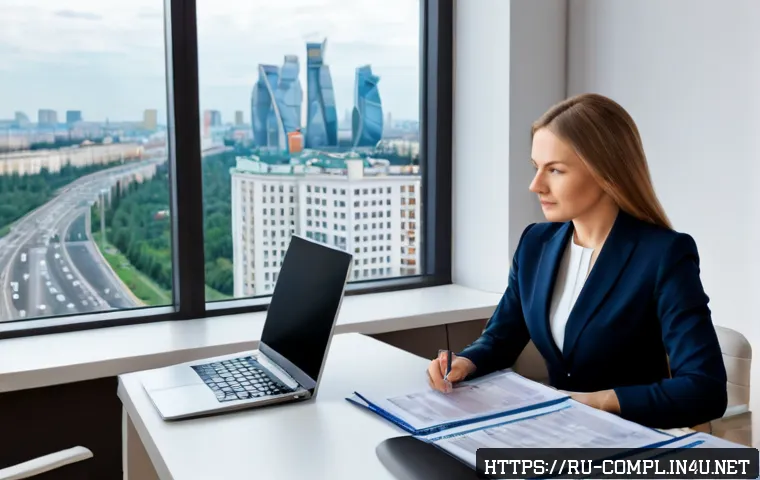 Home 17 규제준수 전문가의 직무에 대한 심화 이해 - Photorealistic compliance specialist at a modern Moscow financial office desk, professionally dresse...