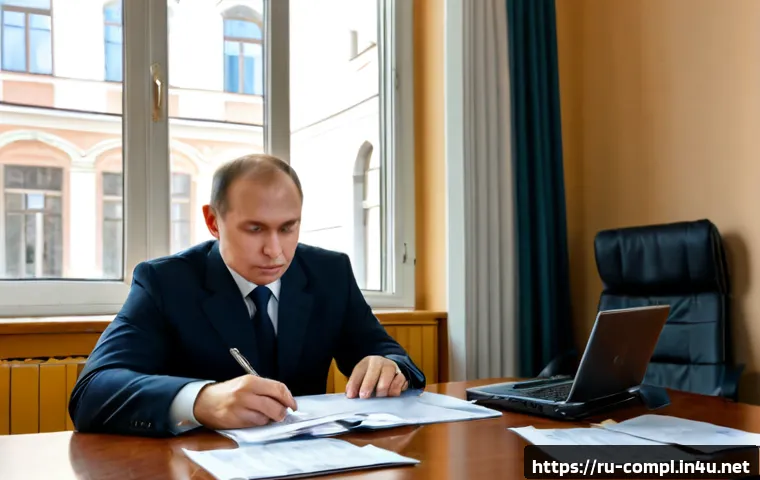 규제준수 분야의 최신 규제 및 법령 - Photorealistic compliance officer in a modern Moscow office reviewing newly updated legal documents ...